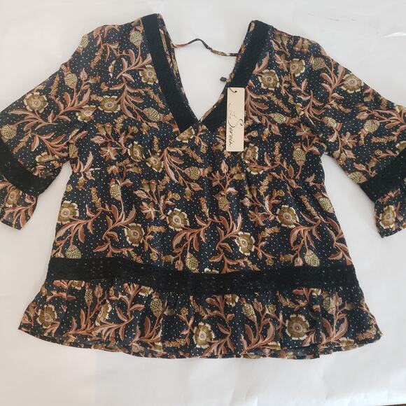 NEW!! Les Serein Women Size S BOHO Floral Peasant 3/4 Sleeve Blouse Top Navy - Picture 8 of 15
